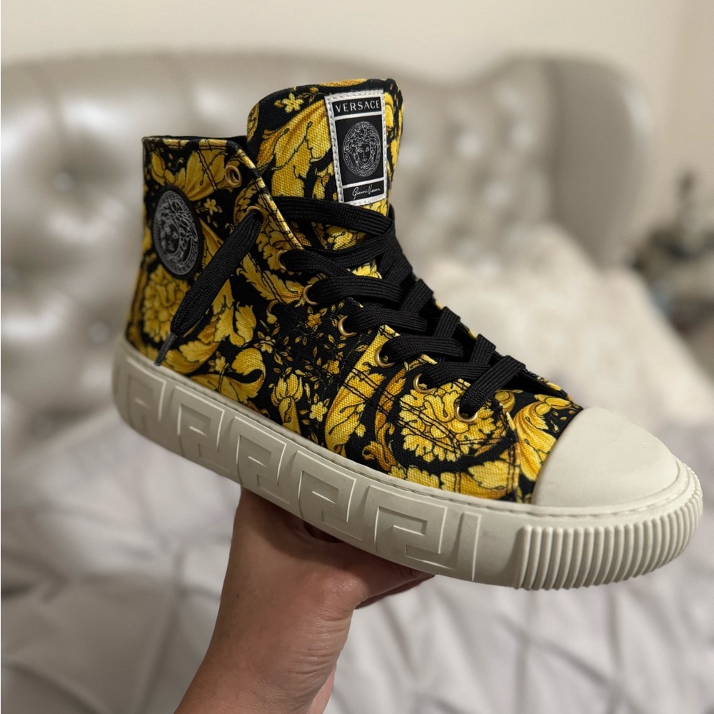 Versace “Baroque” Patterned Men’s Hi Top Sneakers - Black & Yellow